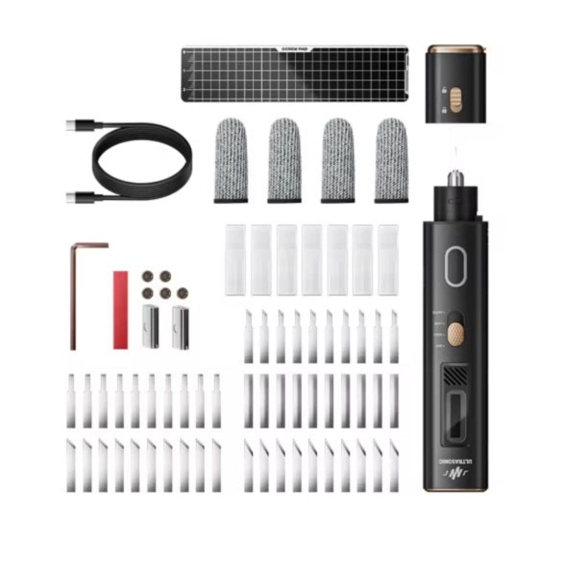 The complete Jakemy UC01 kit, including the tool, replaceable blades, finger protectors, and USB-C cable.