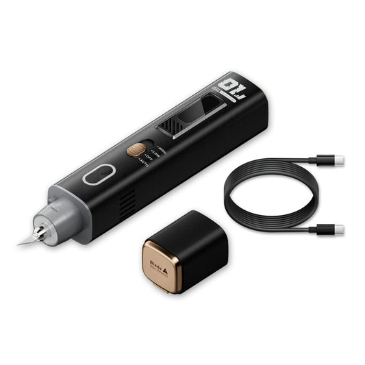 Portable Jakemy 2-in-1 ultrasonic cutter and polisher, with a charging cable and a blade hex wrench.
