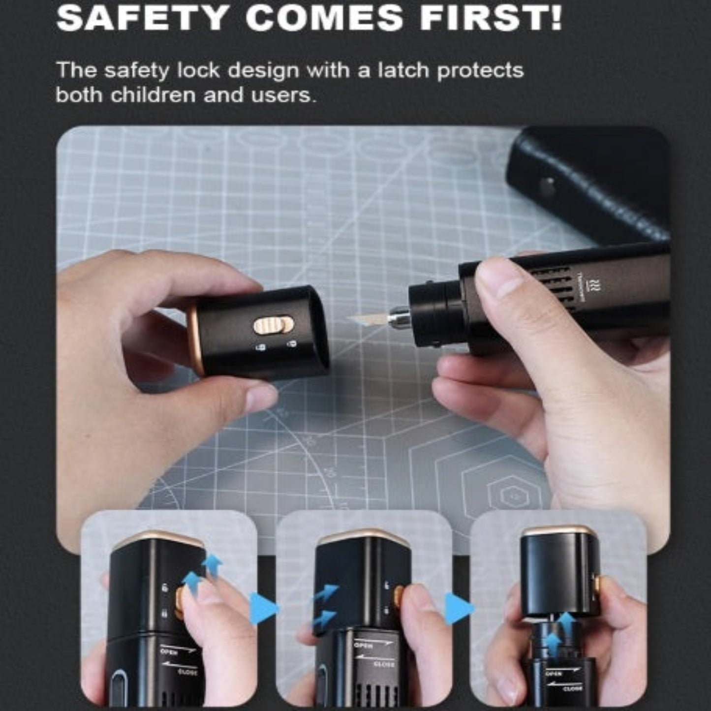 An image series demonstrating the child safety lock and latch design on the ultrasonic cutter tool.