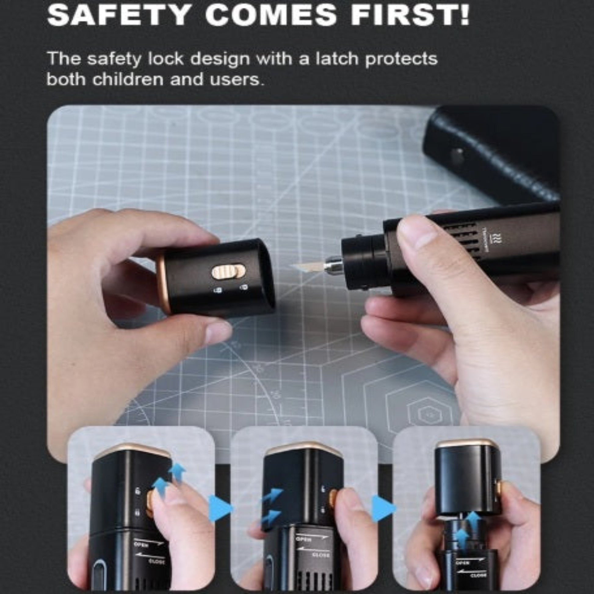 An image series demonstrating the child safety lock and latch design on the ultrasonic cutter tool.