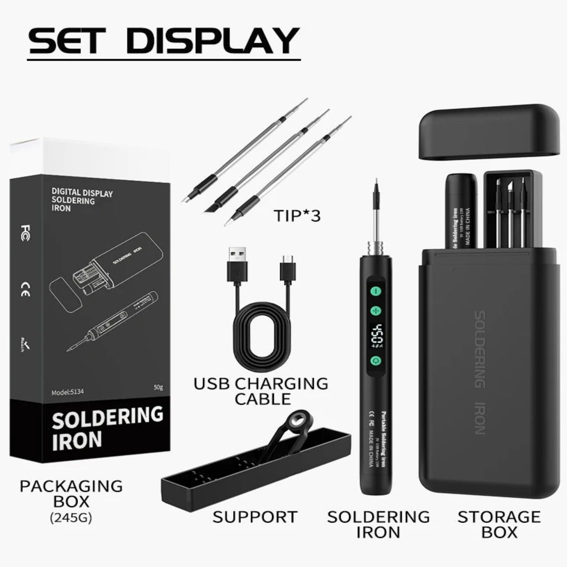 Full set display of JCD 5134 including soldering iron, 3 tips, support stand, and storage box.