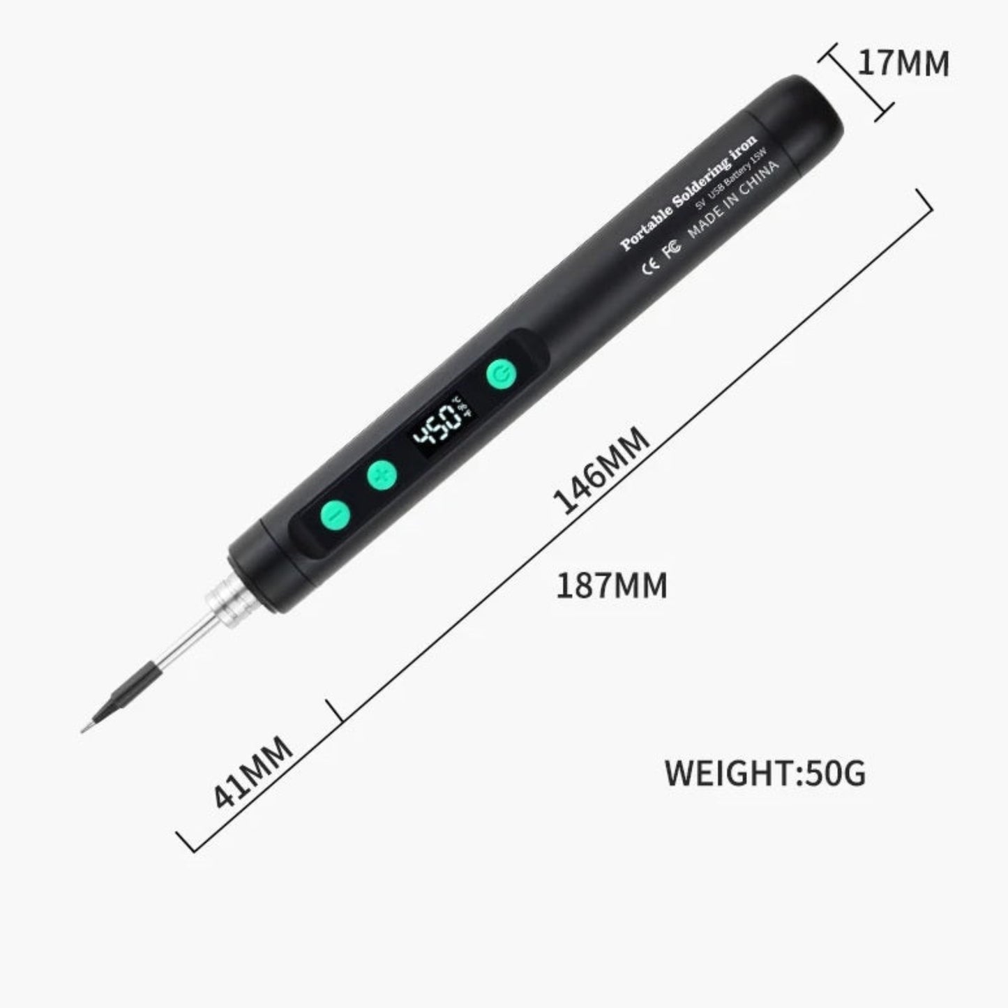 Dimensions and 50g lightweight specifications of the JCD 5134 portable soldering iron pen.