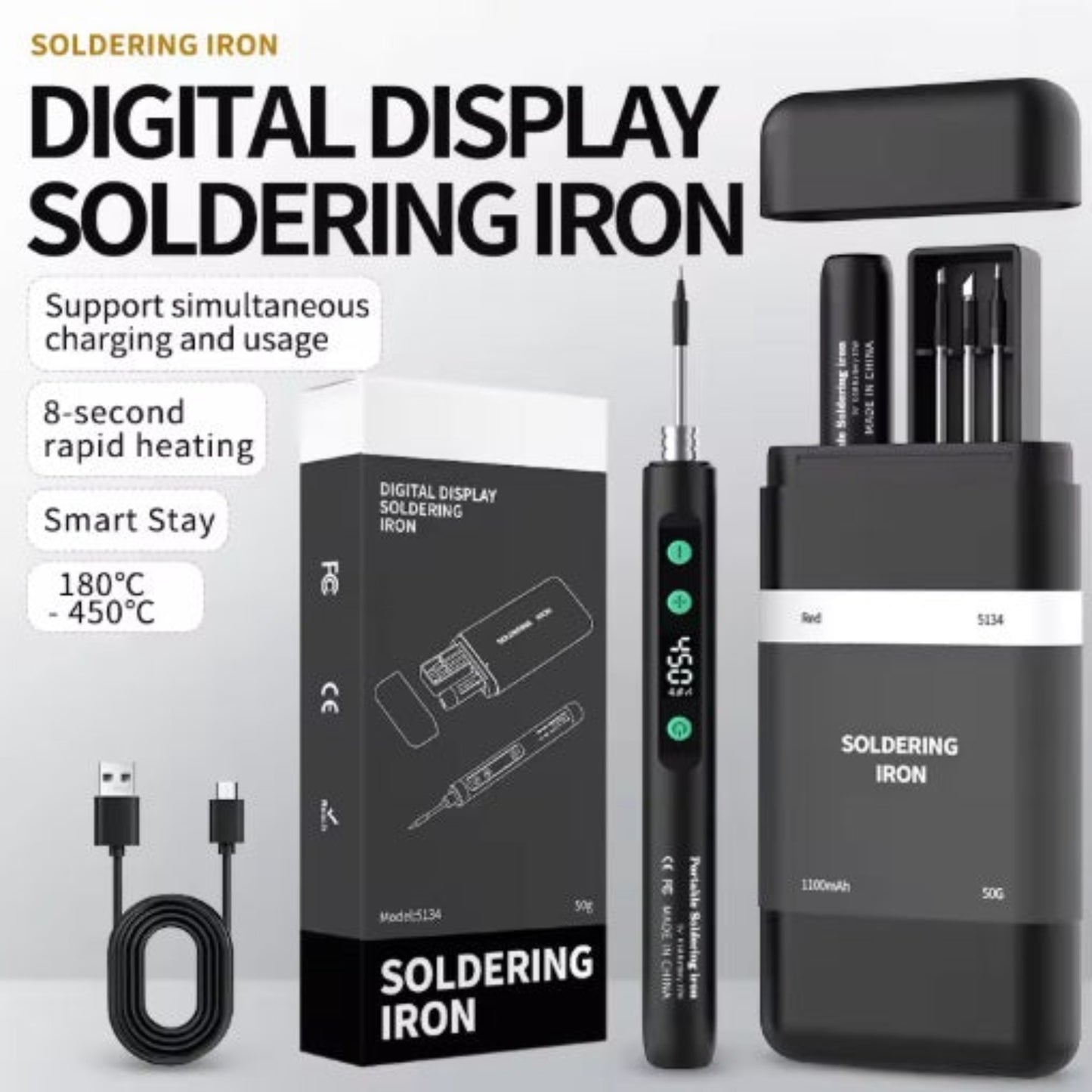 JCD 5134 wireless soldering iron kit including 3 tips, USB-C cable, and portable storage box.
