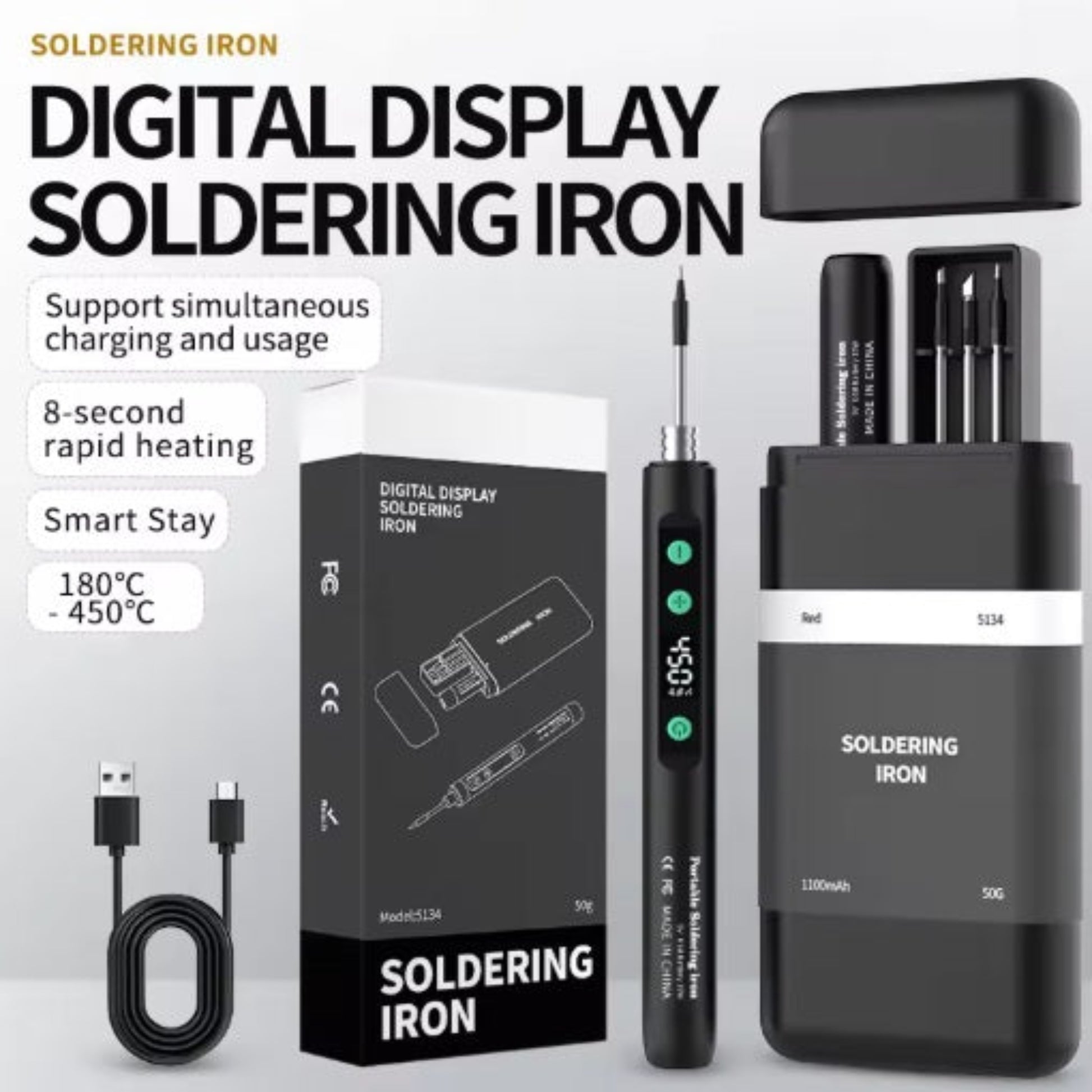 JCD 5134 wireless soldering iron kit including 3 tips, USB-C cable, and portable storage box.
