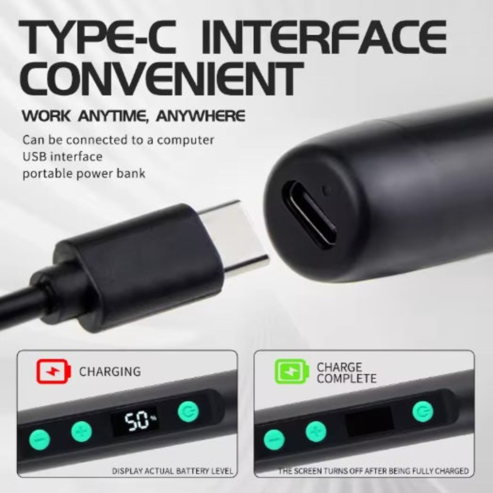 Close-up of JCD 5134 USB-C charging port showing battery level display and charge completion status.