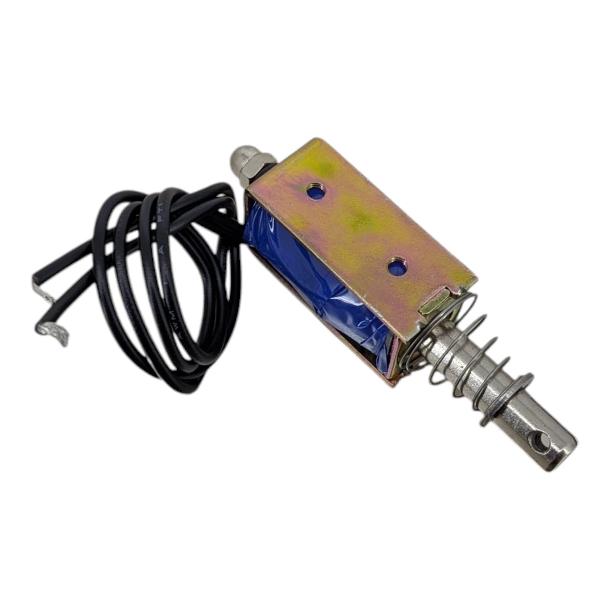 Top view of JF-0530B linear solenoid displaying technical label, 12VDC, 300mA, and 10mm stroke specifications.