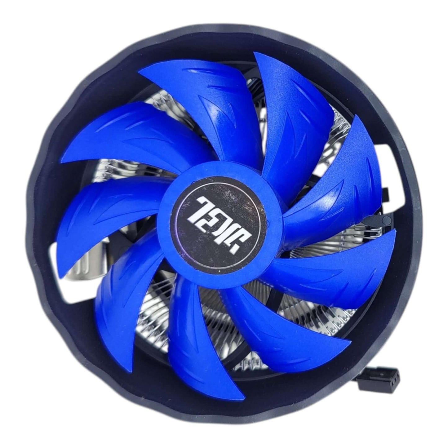 Top down view of quiet 120mm CPU cooling fan showing JKJL logo.