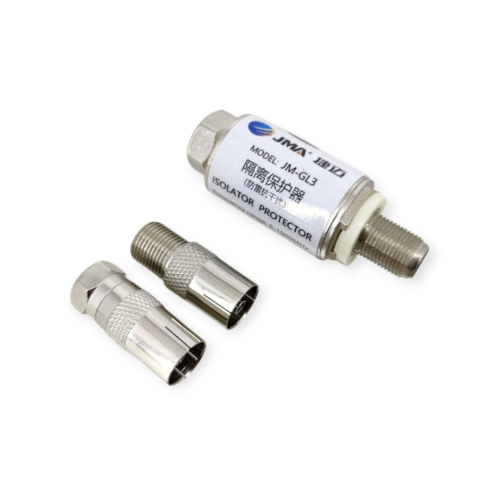 The JMA JM-GL3 Isolator Protector shown with two F-type to PAL/IEC coaxial adapters on a white background.
