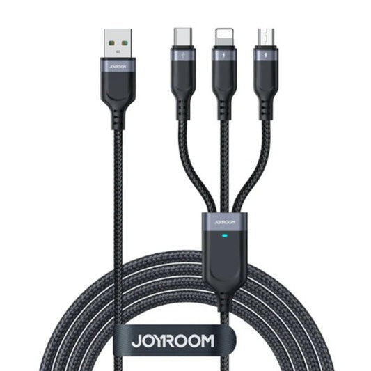 Joyroom S-A18 3-in-1 multi USB charging cable showing Lightning, Type-C, and Micro connectors.