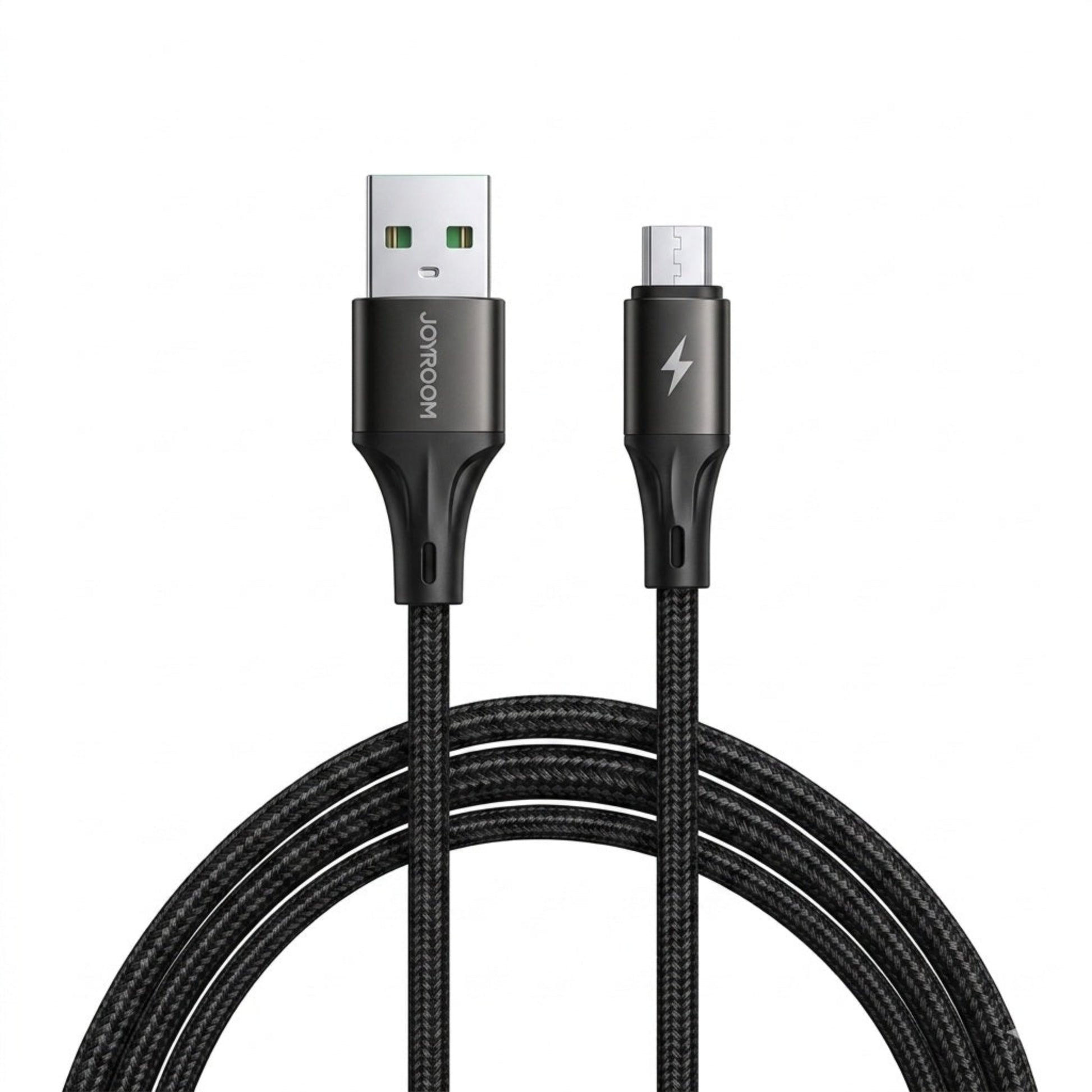 Close-up of Joyroom Micro USB and USB-A connectors with durable black nylon braided cable.