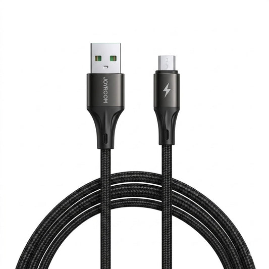 Close-up of Joyroom Micro USB and USB-A connectors with durable black nylon braided cable.
