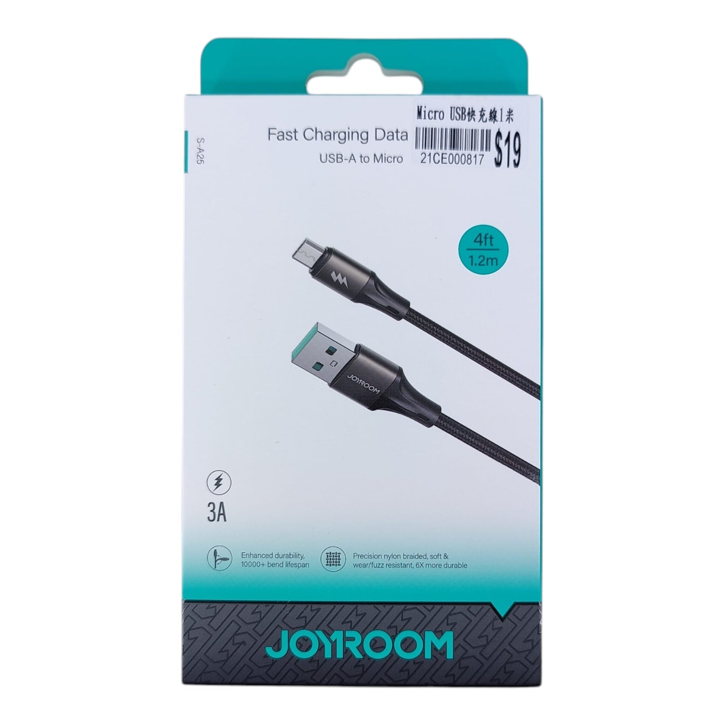 Joyroom S-A25 3A Micro USB Fast Charging Cable retail packaging showing 1.2m length and braided design.