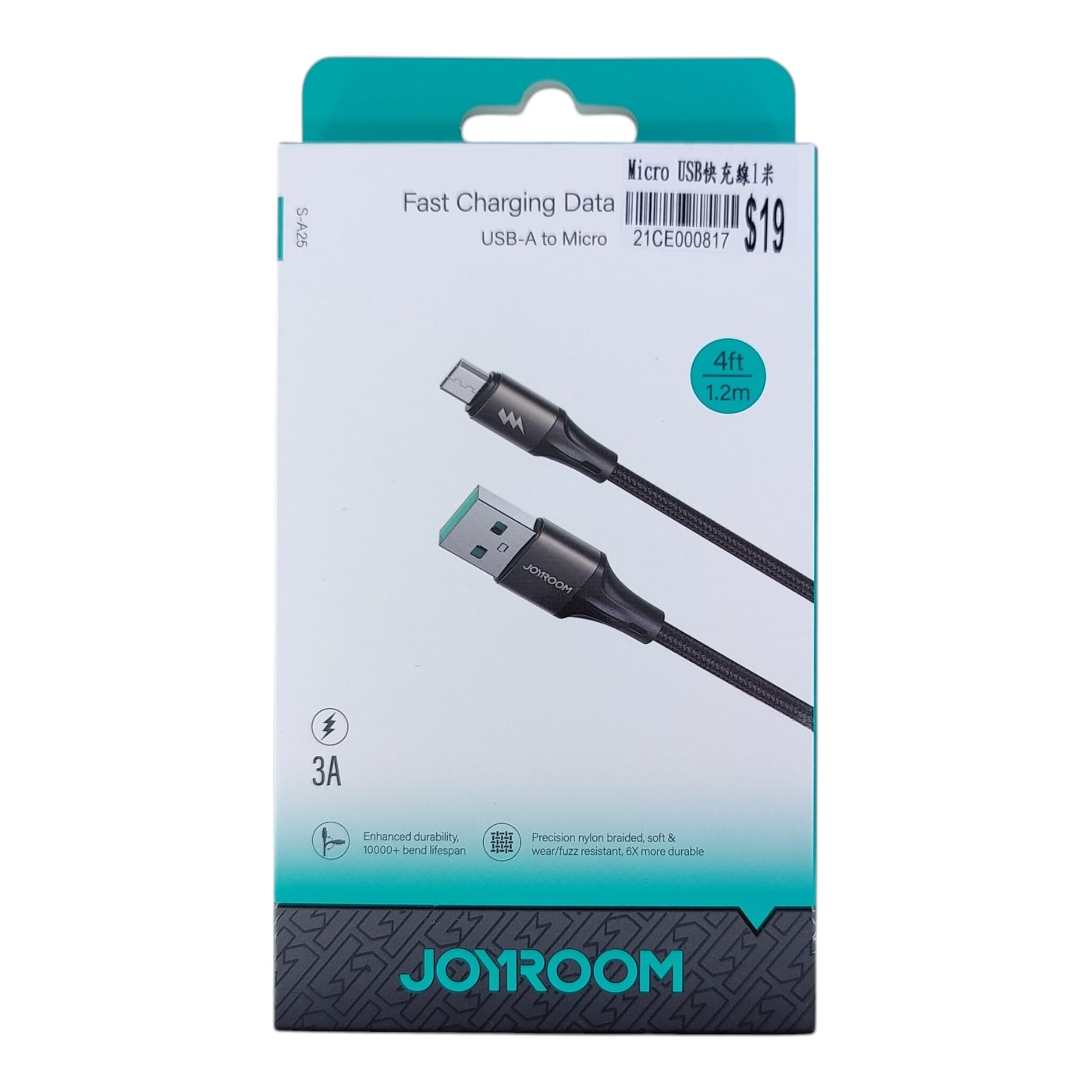 Joyroom S-A25 3A Micro USB Fast Charging Cable retail packaging showing 1.2m length and braided design.