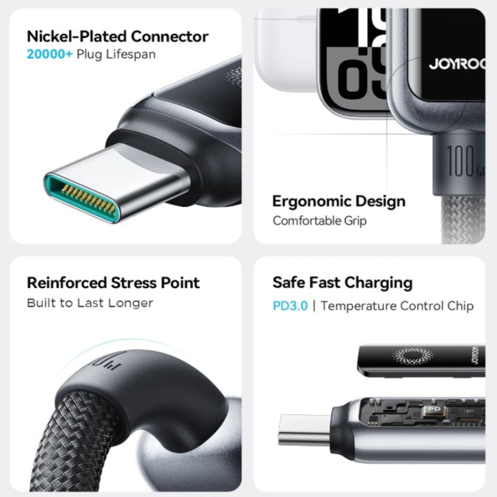 Feature callouts of the JOYROOM cable including its nickel-plated connector, reinforced stress point, ergonomic design, and PD3.0 safety chip.
