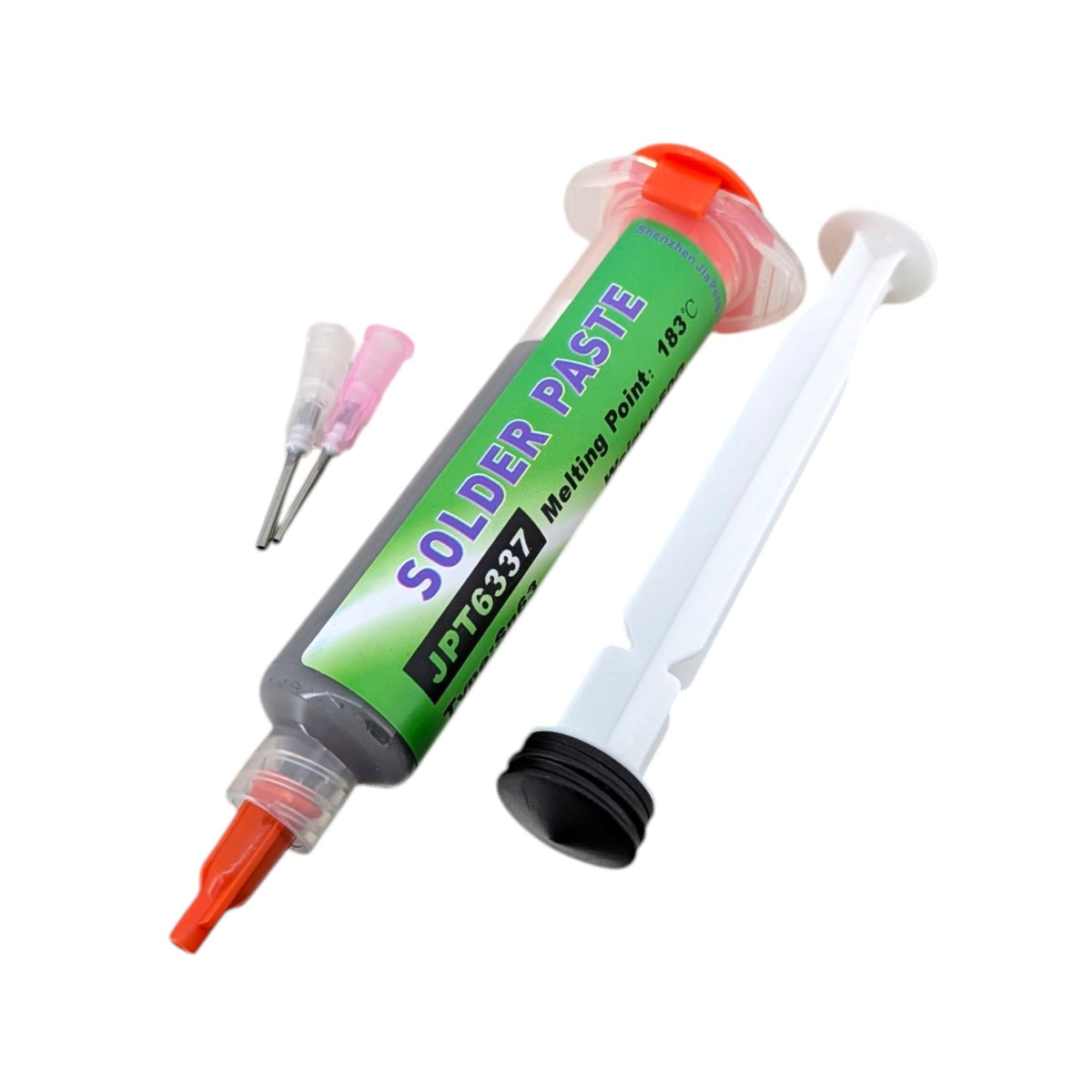 JPT6337 Sn63/Pb37 有鉛中溫錫膏針筒裝，標籤清晰顯示 183°C 熔點及 35g 重量。