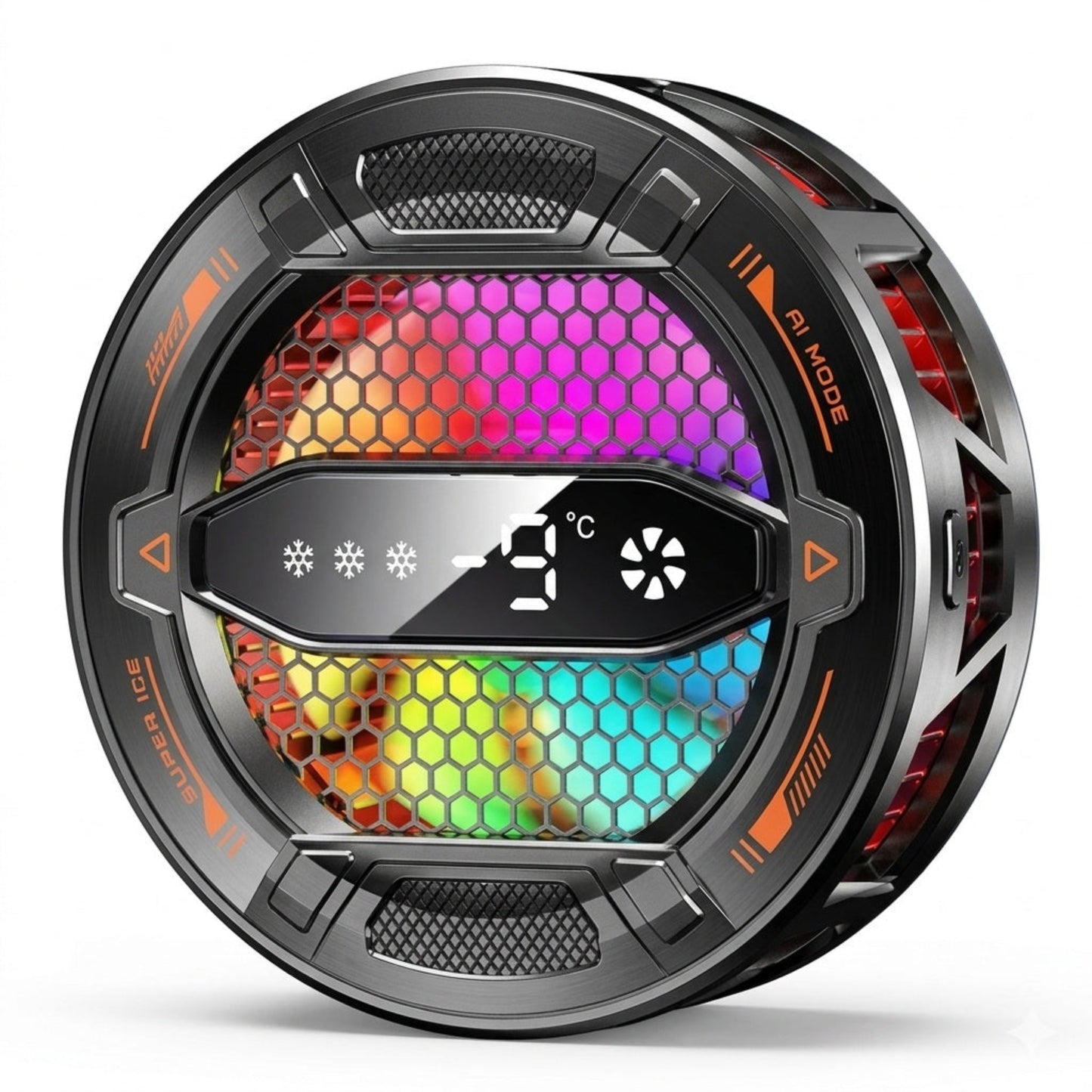 K31 magnetic phone cooler with RGB lighting and digital temperature display for gaming.