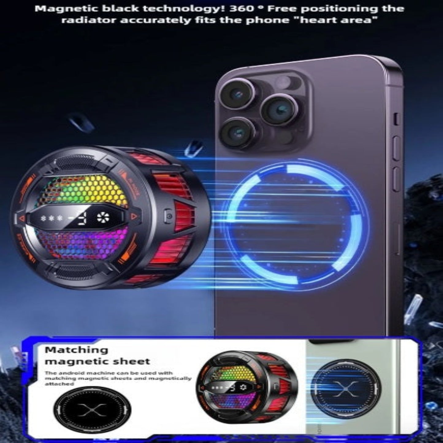 Side view of K31 magnetic radiator attached to a smartphone for heat dissipation during mobile gaming.