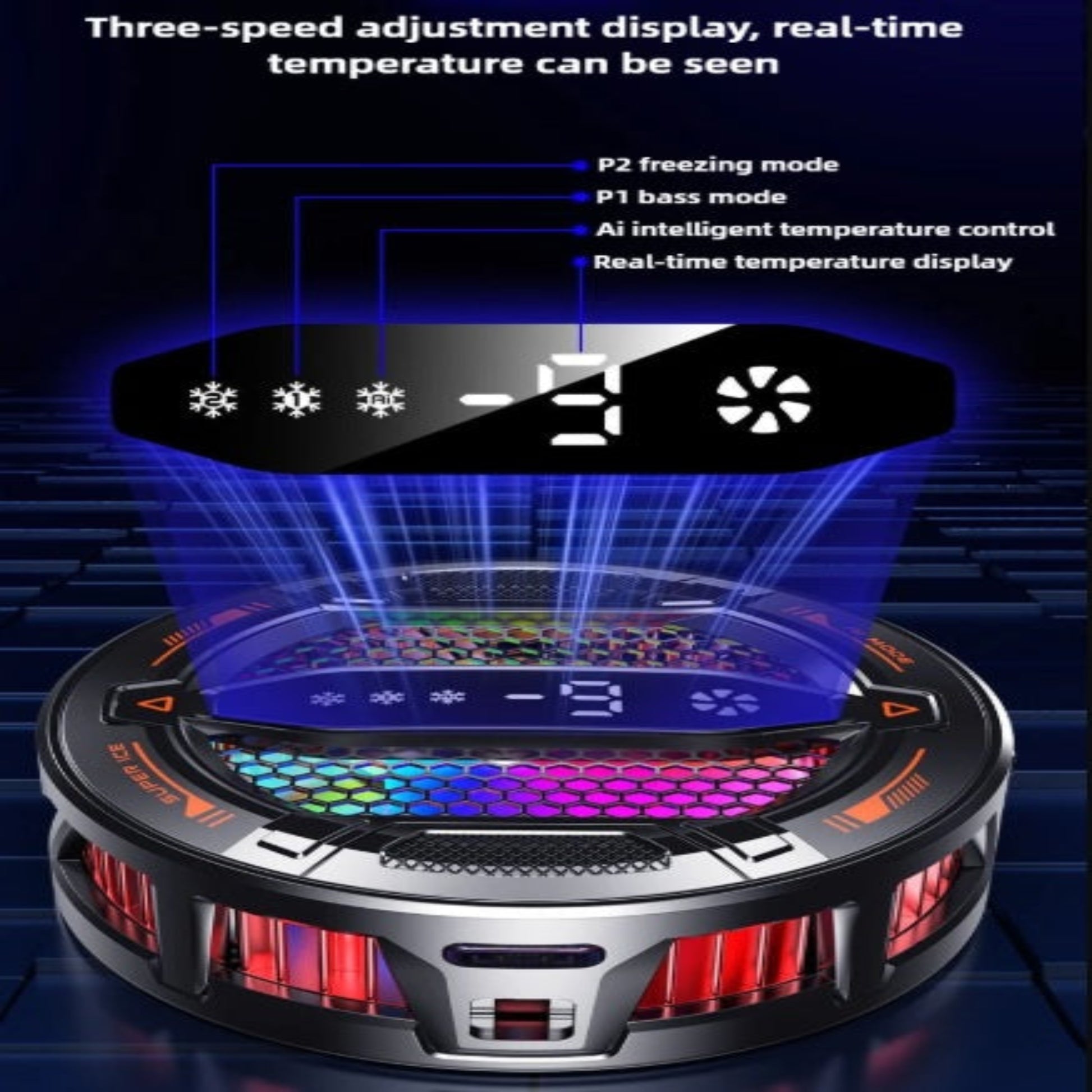 Close up of K31 phone cooler LED screen displaying real-time cooling temperature and current gear.