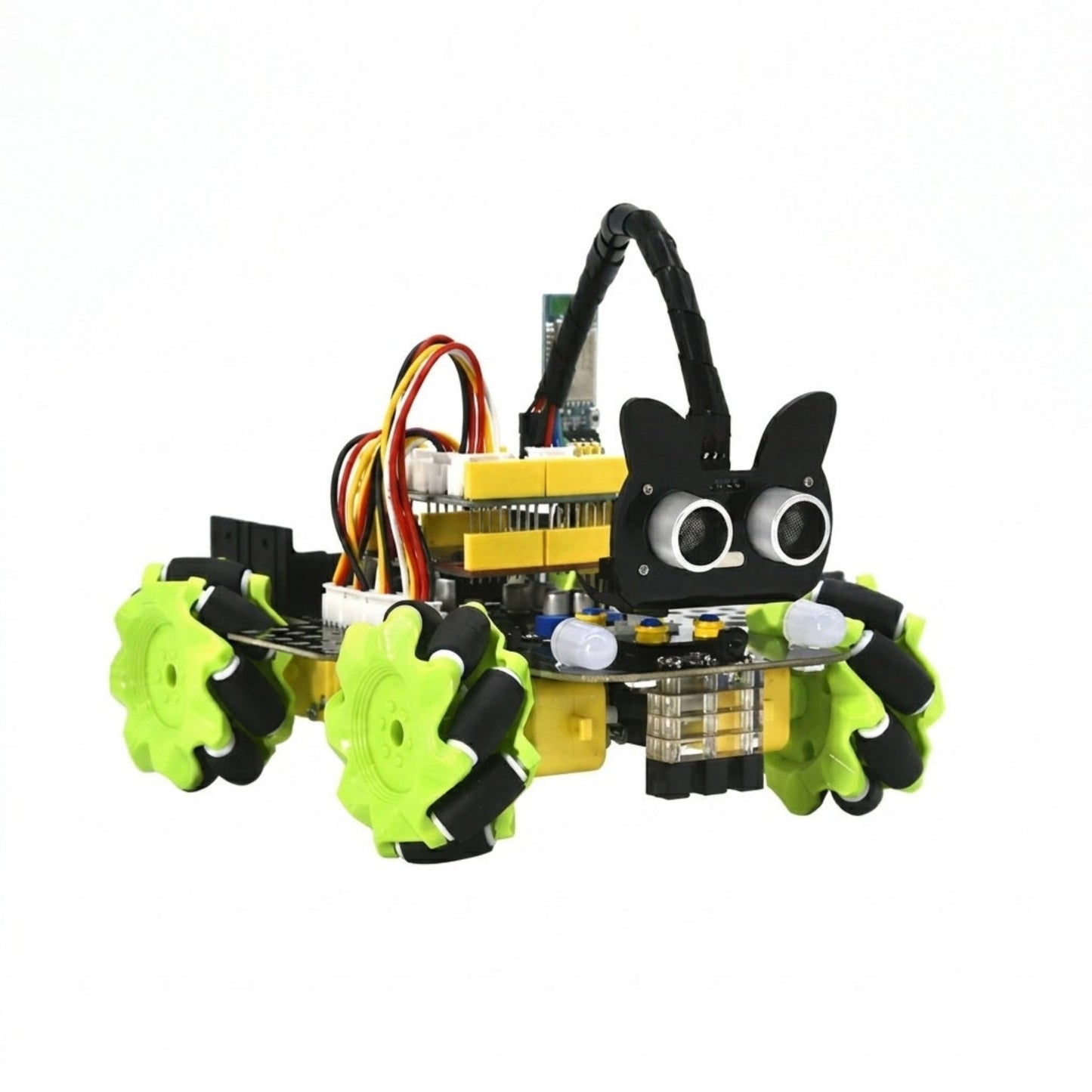 Toy robot with black face, green wheels, and colorful wiring on a white background