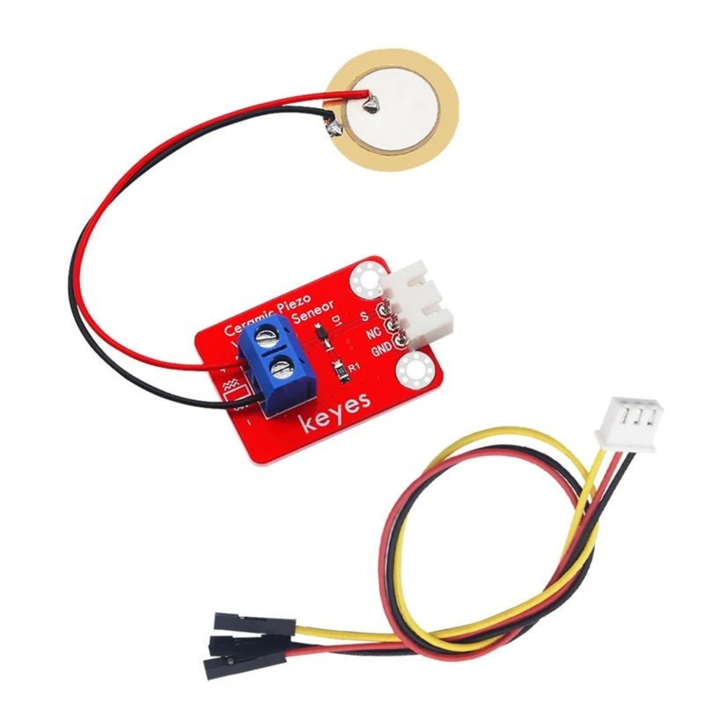 Analog Piezoelectric Ceramic Vibration Sensor Module for Arduino DIY Kit with connecting wires.