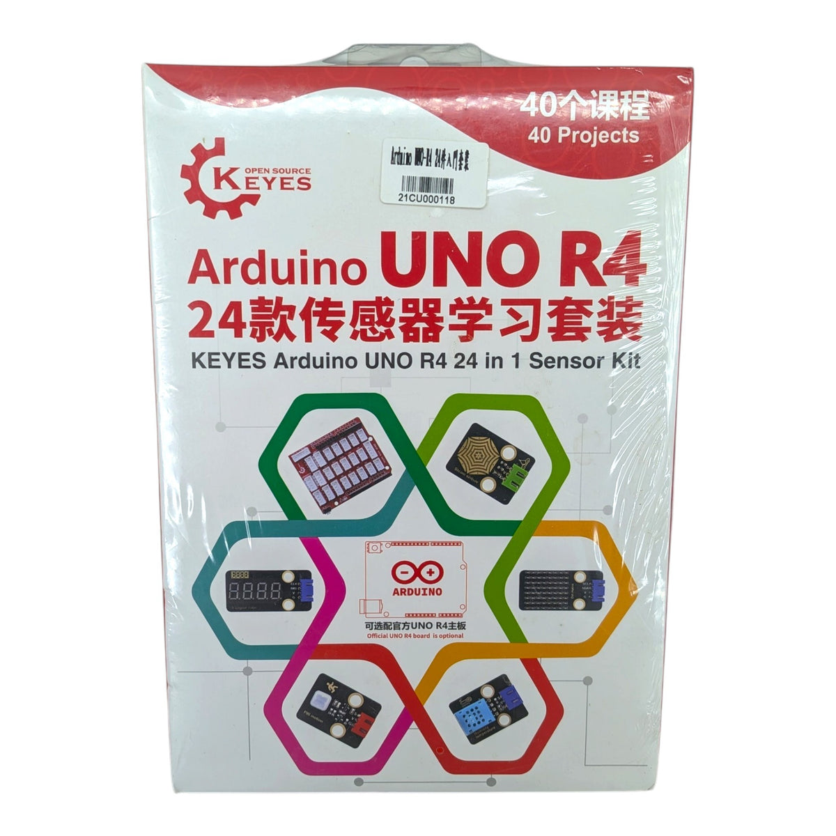 Keyes Arduino UNO R4 24合1 傳感器學習套裝的包裝盒，標示提供 40 個課程及可選配官方主板。