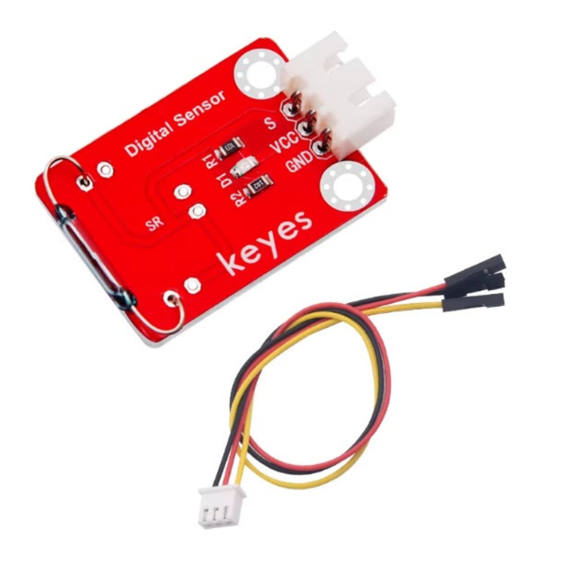 Digital Magnetic Reed Switch Sensor Module for Arduino & Micro:bit on a red PCB with wiring connectors.