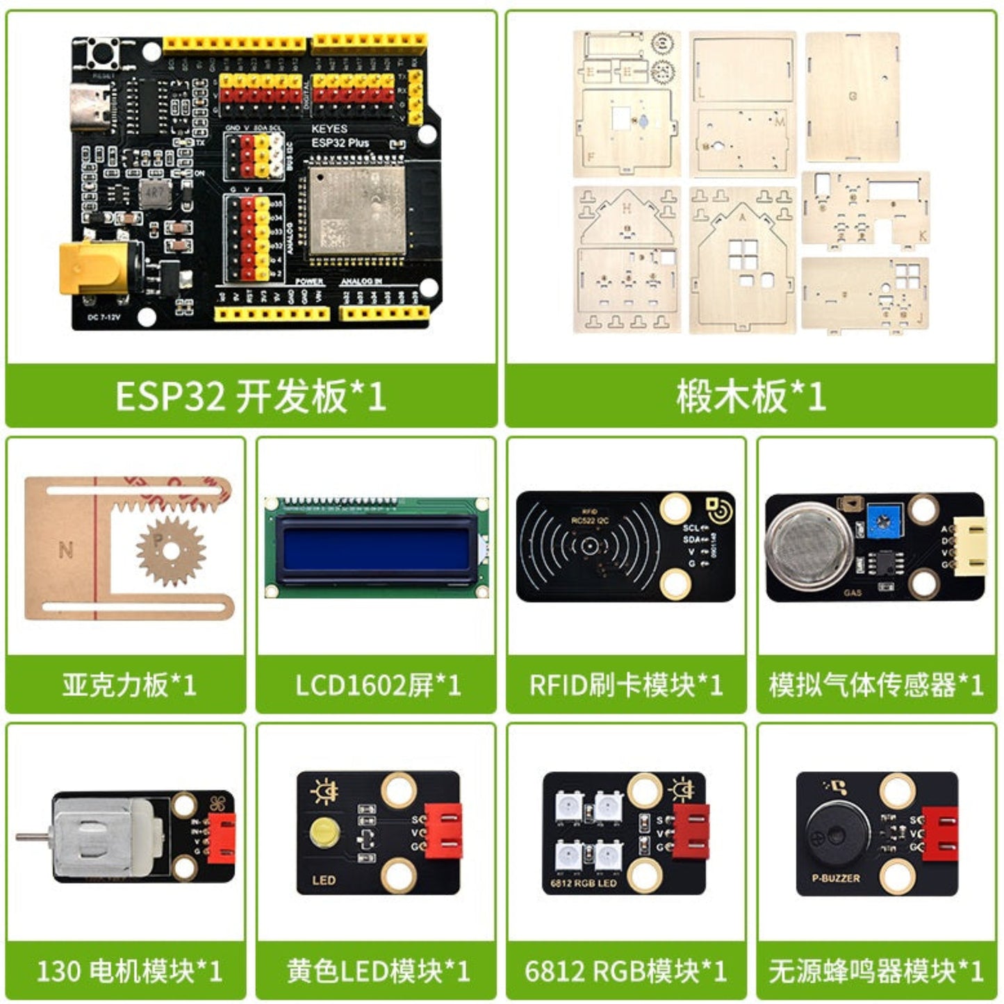Main components of the IoT kit: ESP32 board, wooden parts, LCD, RFID, gas sensor, and LEDs.
