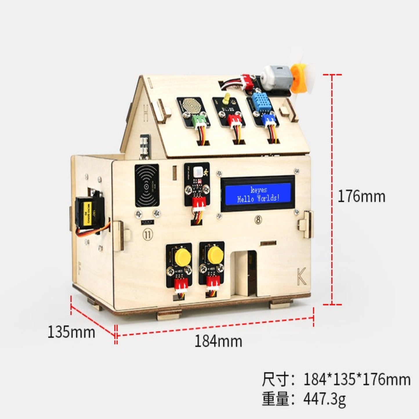 Dimensions of the KEYES ESP32 smart home kit: 184mm x 135mm x 176mm.