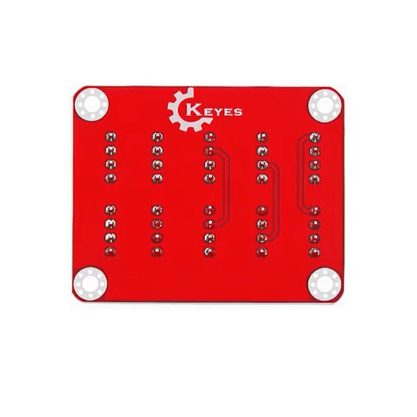 Back view of the red Keyes I2C Shield PCB showing soldering points.
