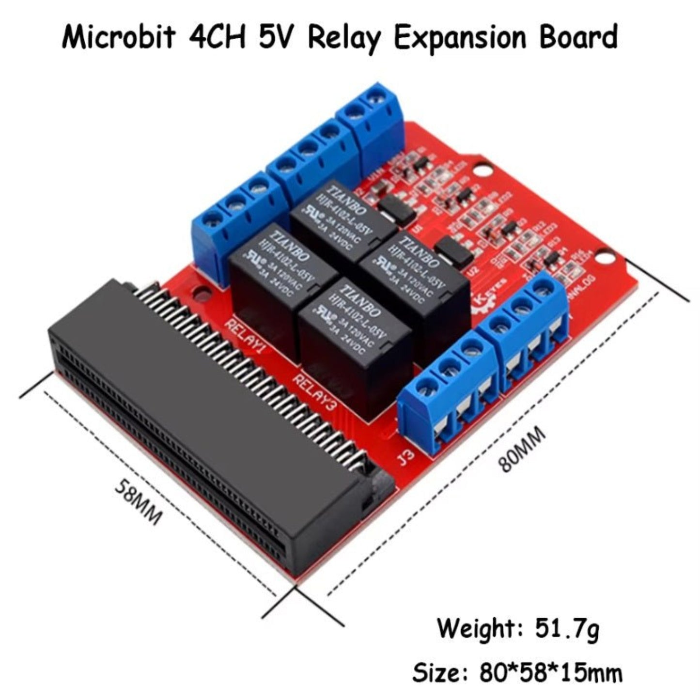 Micro:bit 4 Channel Relay Expansion Module 5V, ideal for DIY programming and educational projects, dimensions 80x58x15mm.