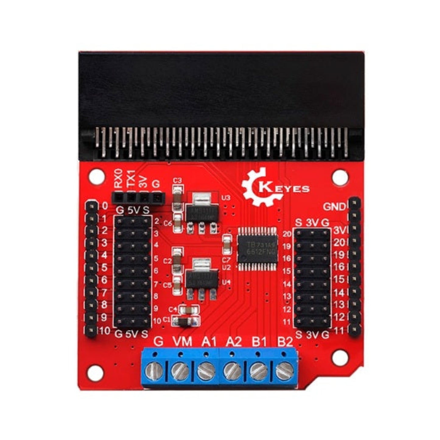 Top view of Keyes Micro:bit Motor Driver Board showing TB6612FNG chip and pin headers.