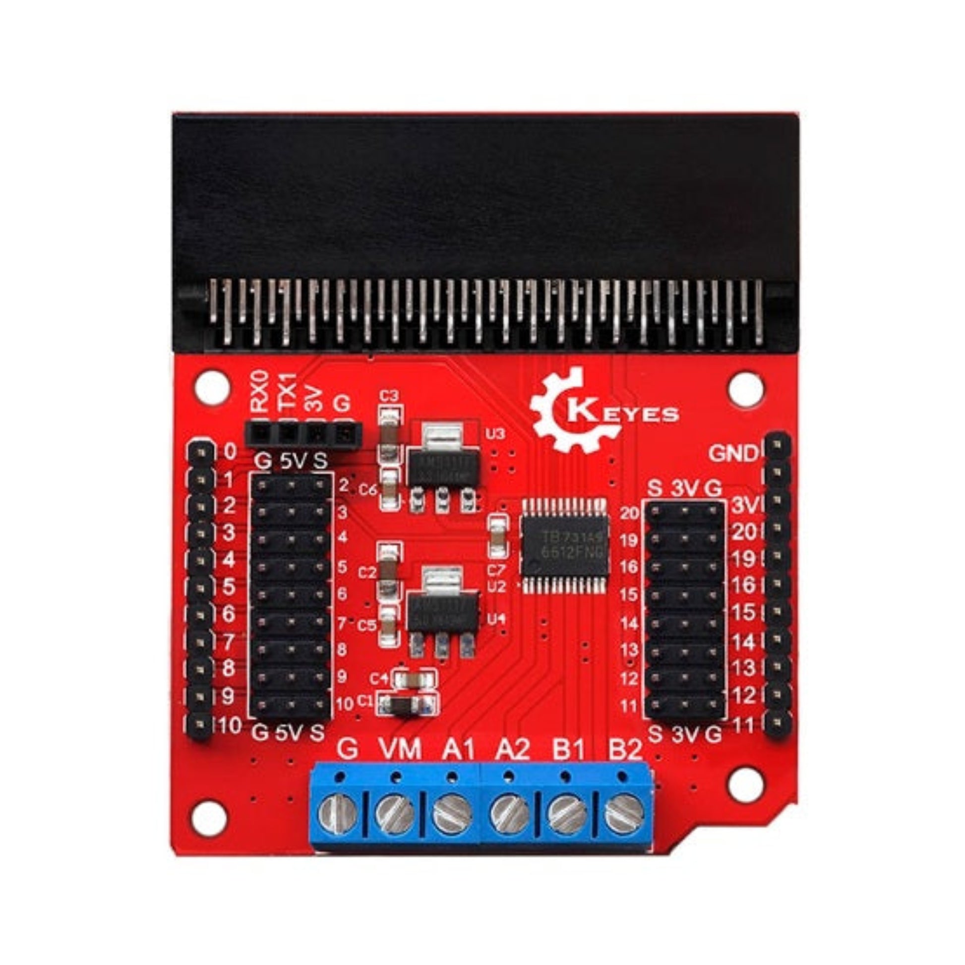 Top view of Keyes Micro:bit Motor Driver Board showing TB6612FNG chip and pin headers.