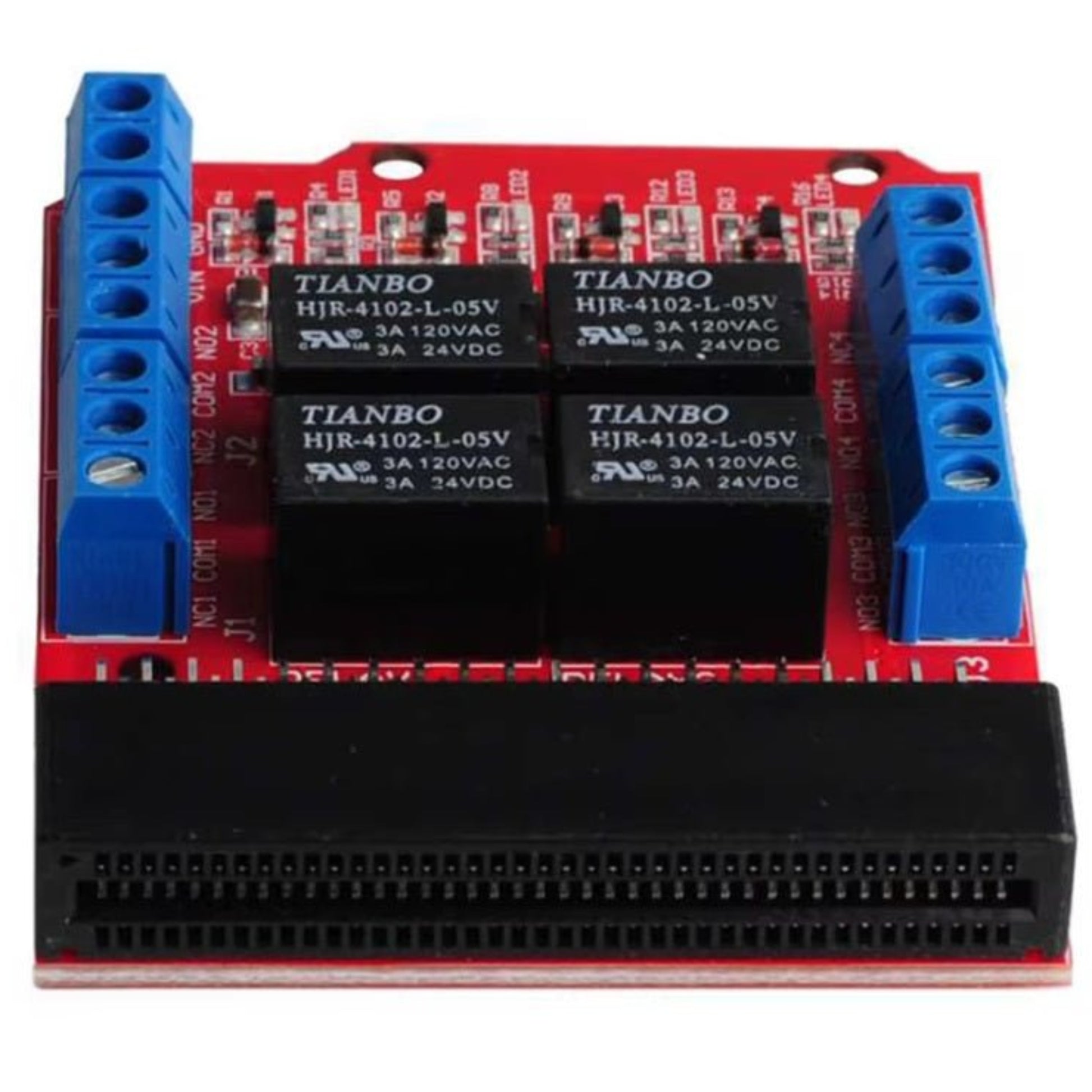 Micro:bit 4 Channel Relay Expansion Module with blue connectors and relay switches for DIY programming projects.