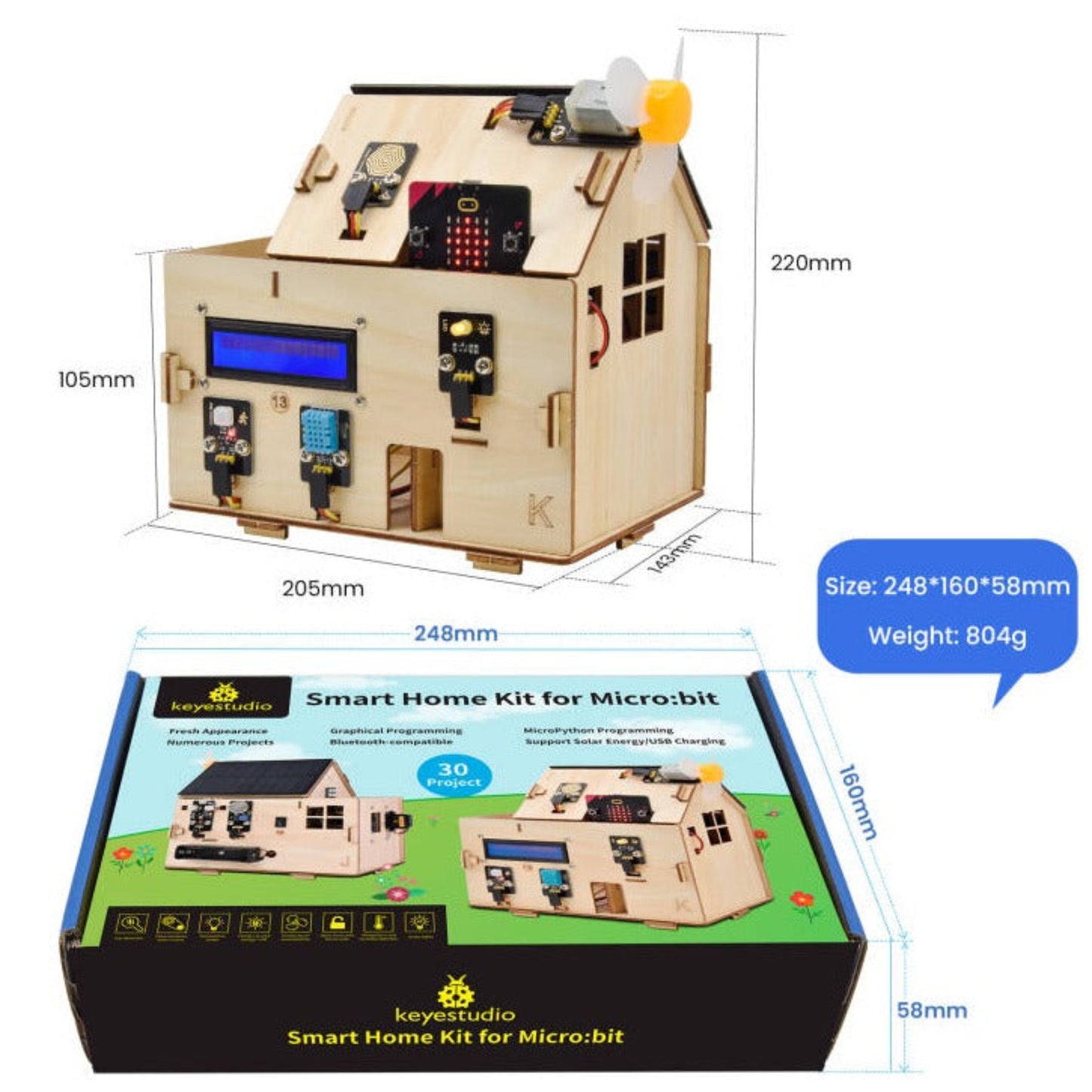 Keyestudio BBC Micro:bit IoT Smart Home Starter Kit V2 assembled wooden house and box package with dimensions.