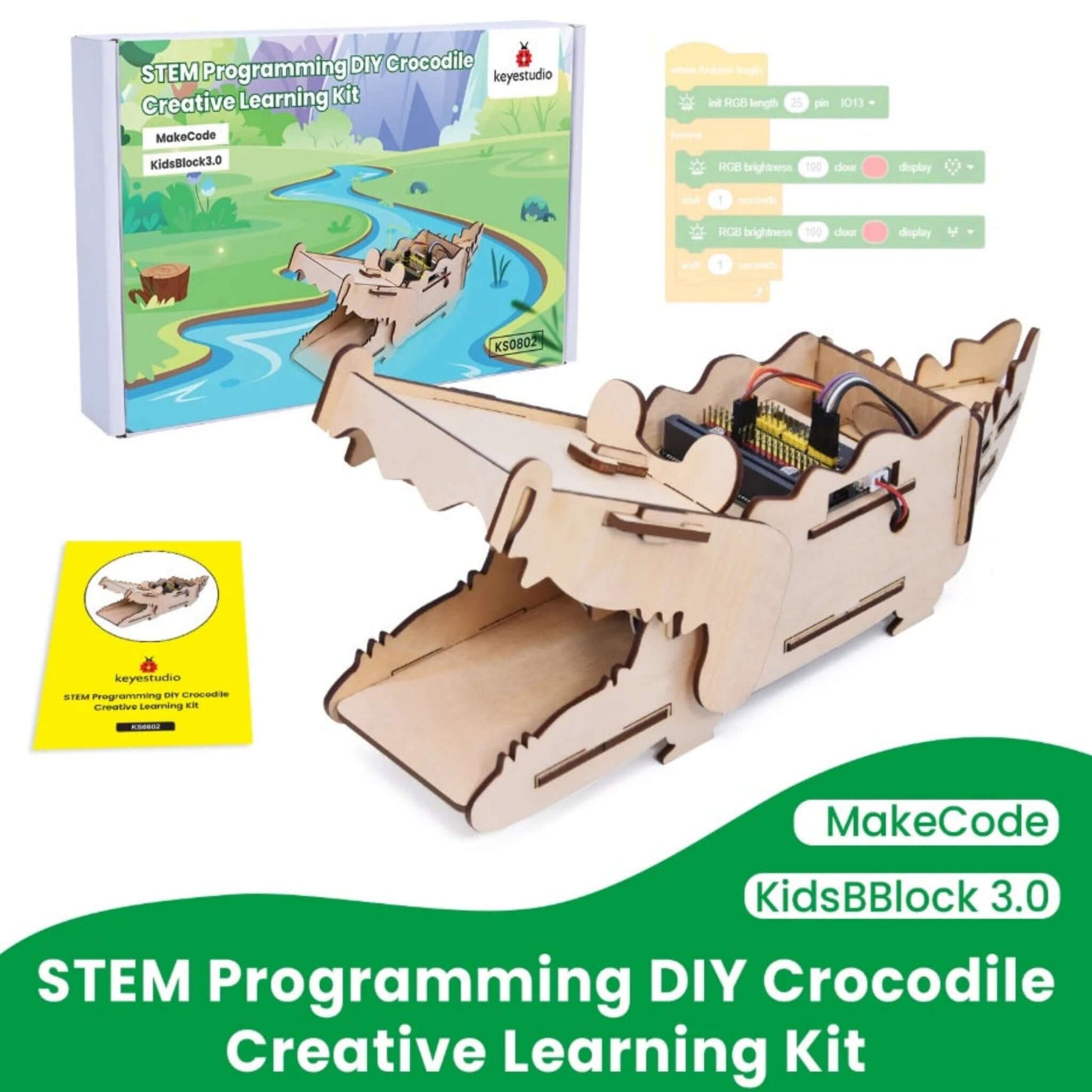 The Keyestudio STEM Crocodile Kit box, the assembled crocodile, a manual, and an example of its block-based code.