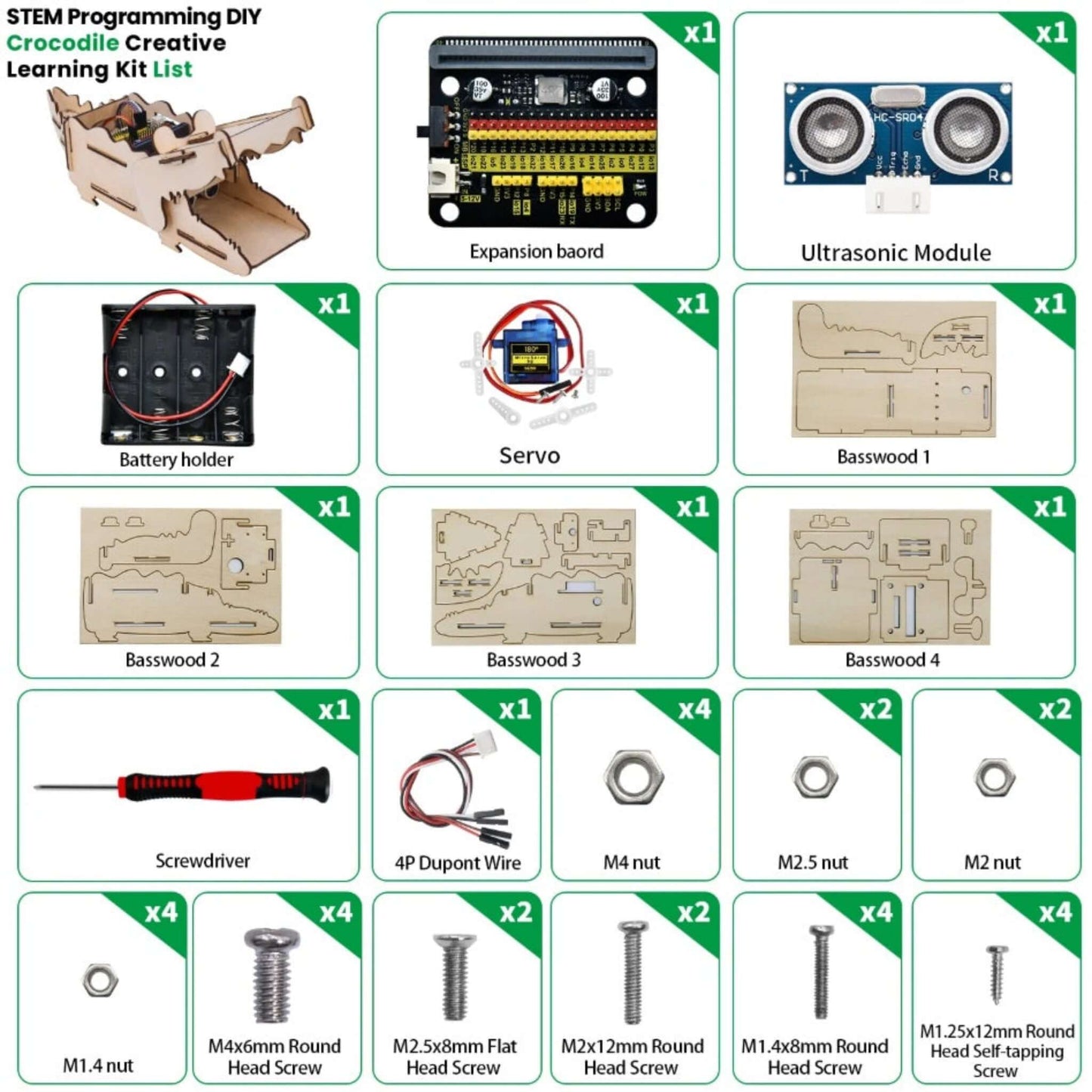 A visual list of all parts included in the Keyestudio Crocodile Creative Learning Kit, including wooden parts, sensors, and screws.