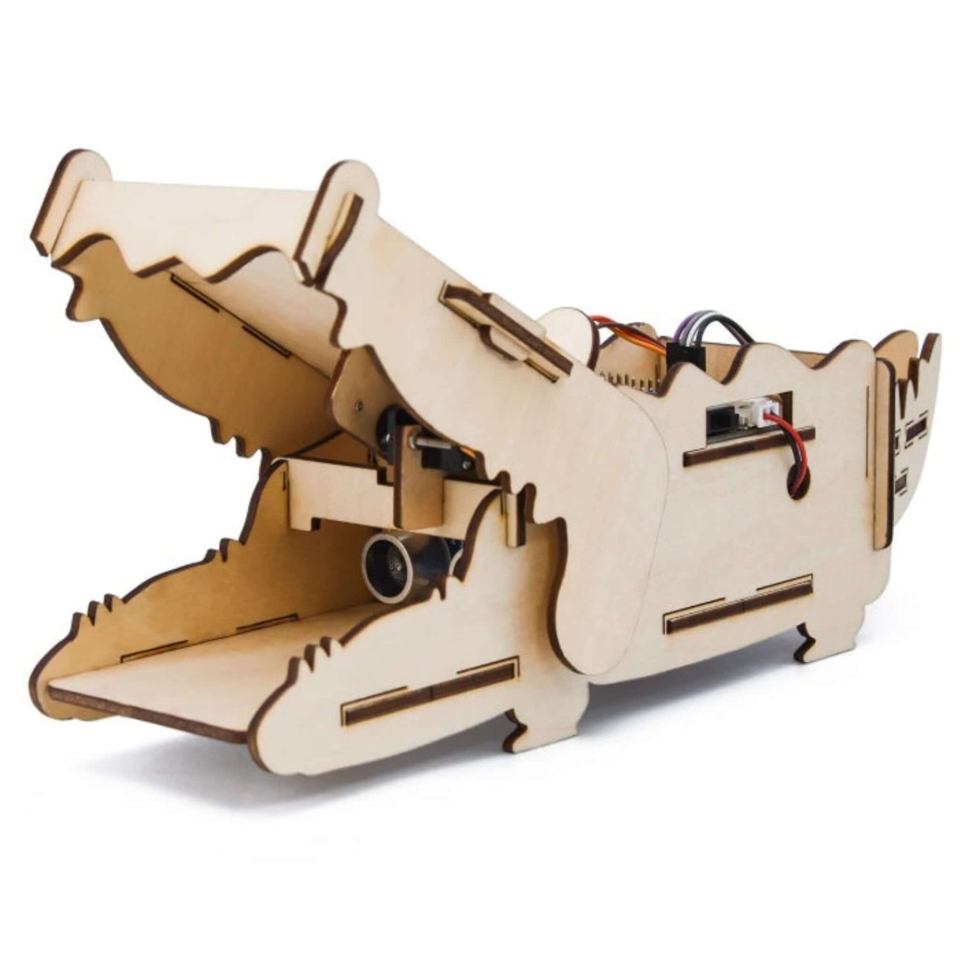Keyestudio DIY Crocodile STEM Kit (KS0802) fully assembled with its mouth open, showing the internal electronics.