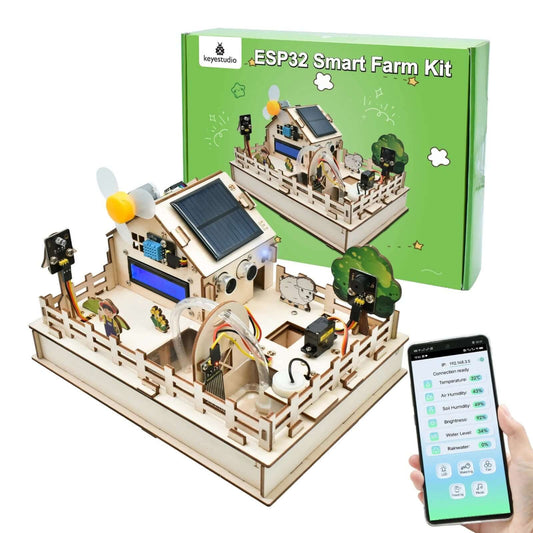 Keyestudio ESP32 Smart Farm IoT DIY Kit with remote app control. Educational STEM project for kids.