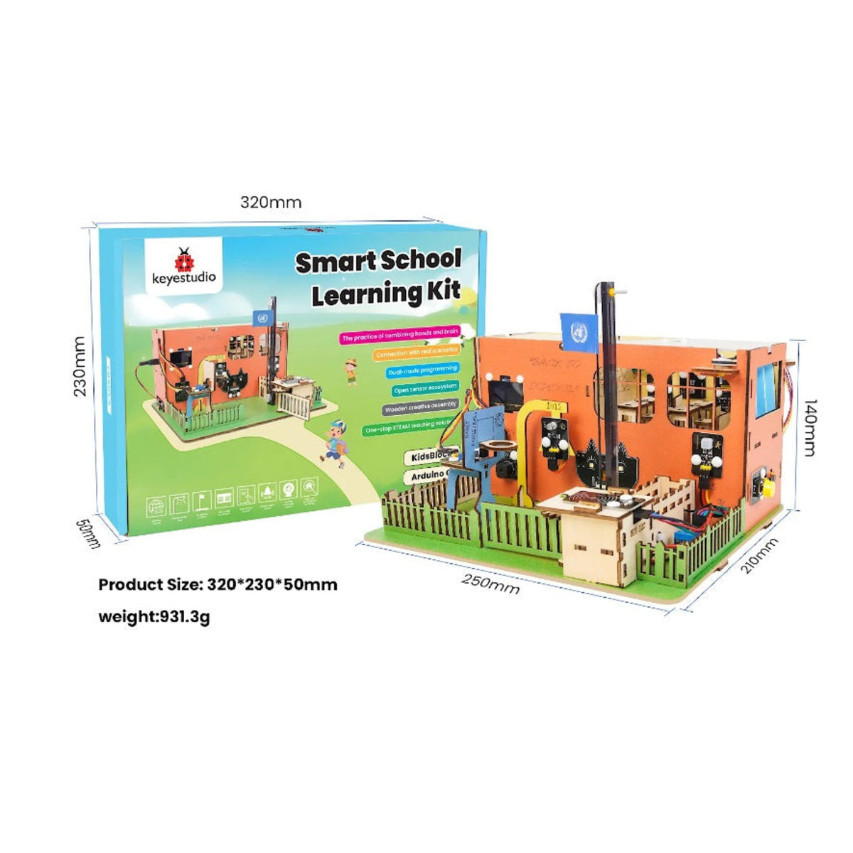 Dimensions and weight specifications for Keyestudio ESP32 Smart School kit box and assembled model.