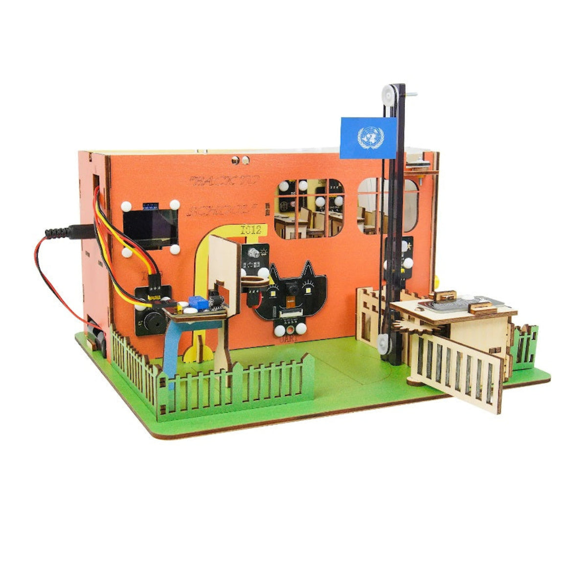 Assembled Keyestudio ESP32 Smart School IoT STEM kit model made of basswood.