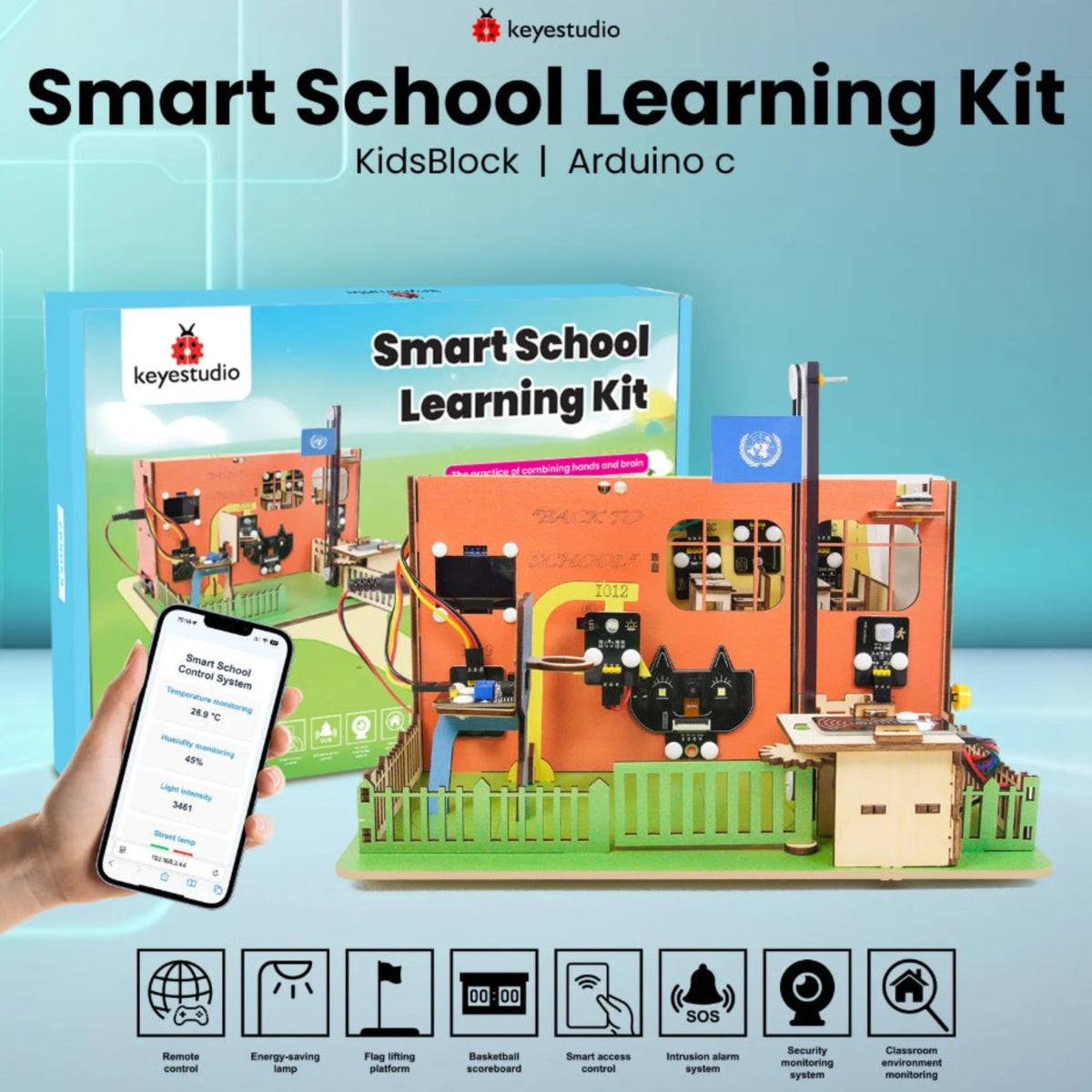Keyestudio ESP32 Smart School learning kit packaging box with mobile app control display.