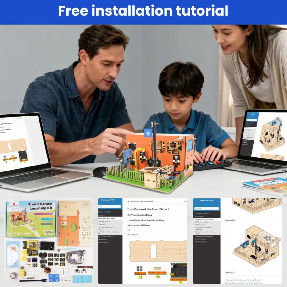 Family assembling the Keyestudio ESP32 Smart School kit using step-by-step online tutorials.