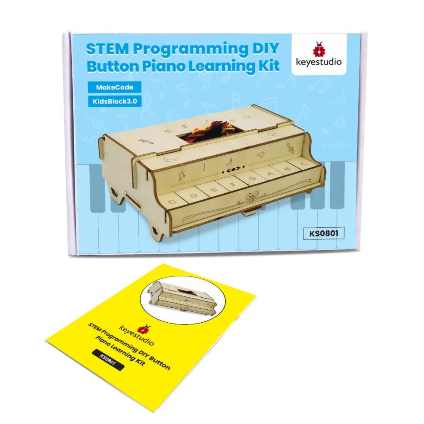 The Keyestudio KS0801 STEM Programming DIY Button Piano Learning Kit packaging box and instruction manual.
