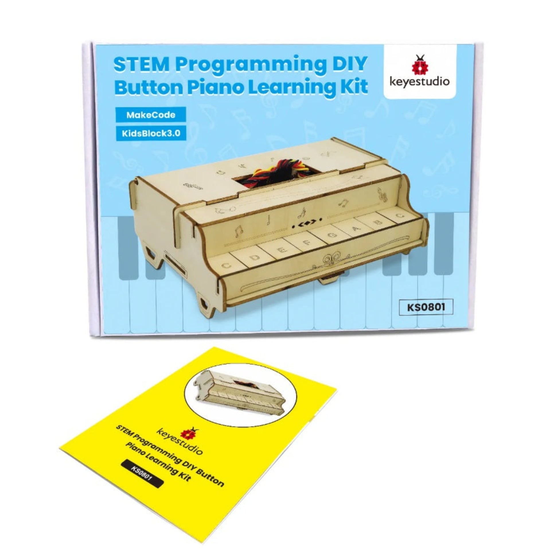 The Keyestudio KS0801 STEM Programming DIY Button Piano Learning Kit packaging box and instruction manual.