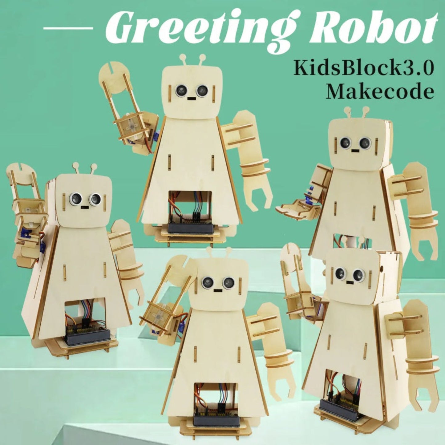 Wooden robot models with 'Greeting Robot KidsBlock3.0 Makecode' text on a green background