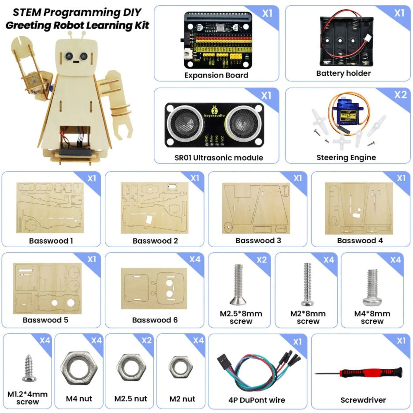KS0809 迎賓機械人 DIY 套件完整零件圖，包含超聲波模組、擴充底板及木板配件。新昌電腦門市有售，提供專業指導。