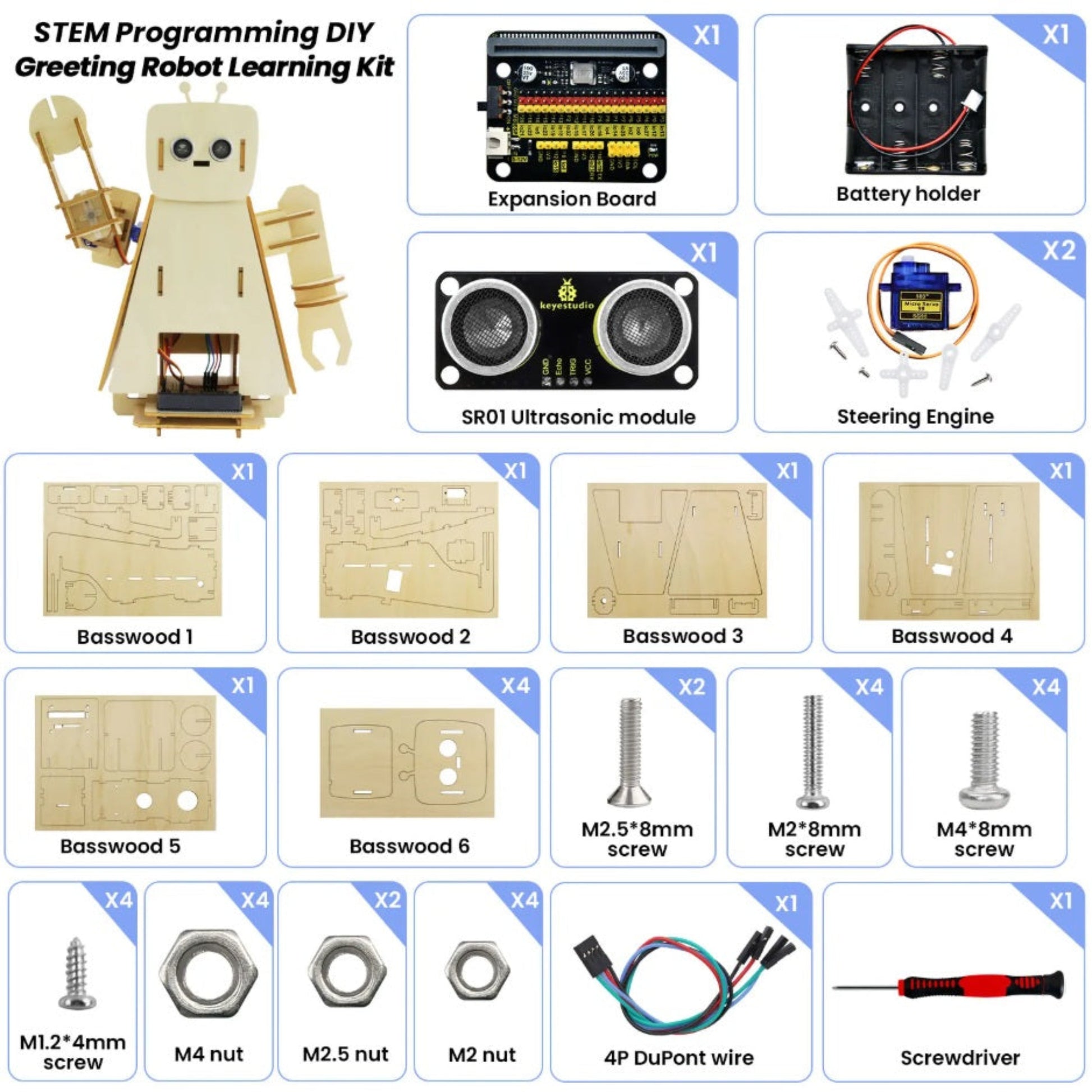 KS0809 迎賓機械人 DIY 套件完整零件圖，包含超聲波模組、擴充底板及木板配件。新昌電腦門市有售，提供專業指導。