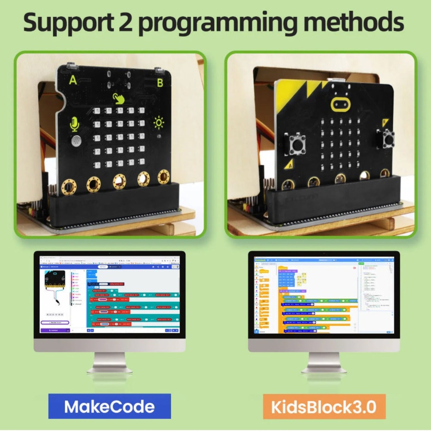 支援 MakeCode 及 KidsBlock3.0 兩種編程方式。顧客可選擇網上下單並到店取貨，即場為你解答技術細節。