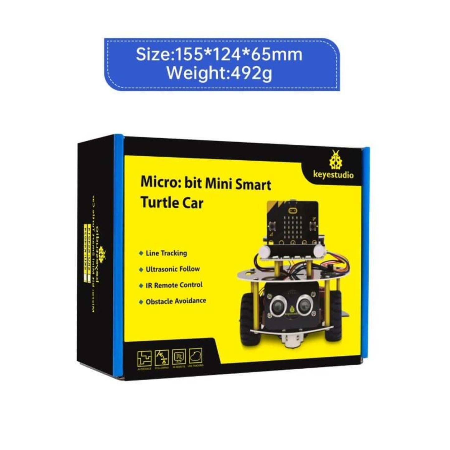 Keyestudio Micro:bit Mini Smart Turtle Robot Car packaging showcasing size and features for STEM education.