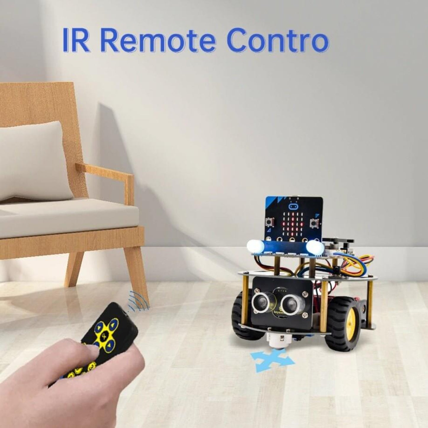 Person using an IR remote control to operate a robotic car in a modern living room setting.